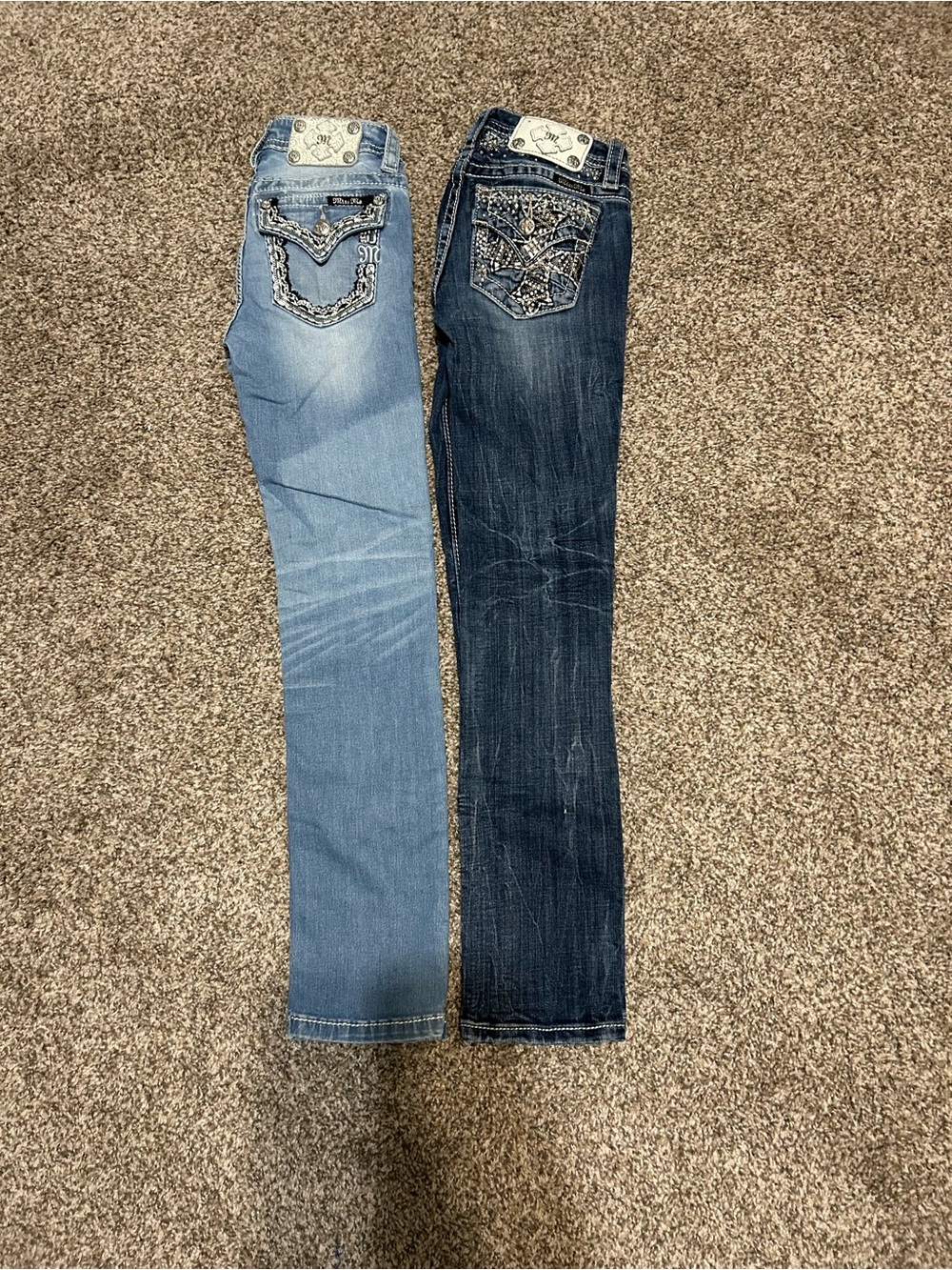 Miss Me Girls Jeans in Light Blue and Dark Blue with Rhinestone Pocket Detail